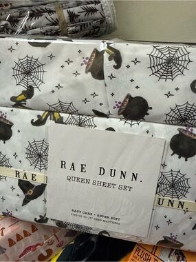 Rae Dunn White Sheet Set with Black Cauldrons & Web Motifs